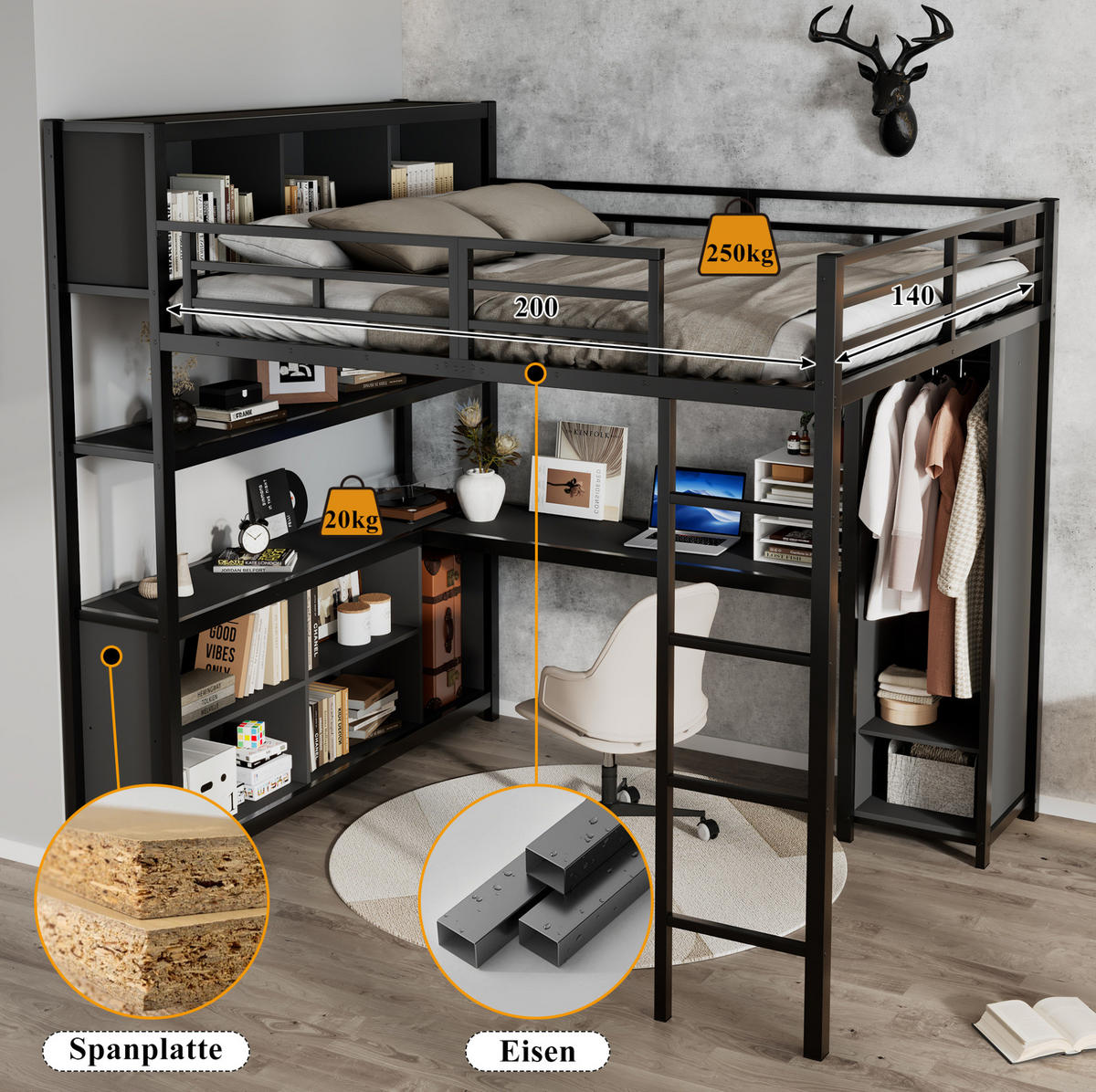 HOCHBETT 140/200 cm aus Metall und Holzwerkstoff mit Schreibtisch und Kleiderschrank - Schwarz, Metall (90/200cm) - Flora Grace