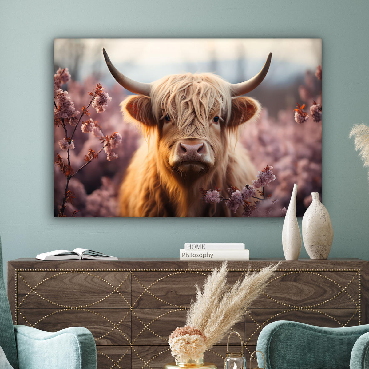 LEINWANDBILD Schottischer Hochländer - Frühling - Hochland Wohnzimmer Groß 120x80 cm - Hellrosa, Textil (120/80cm) - MuchoWow