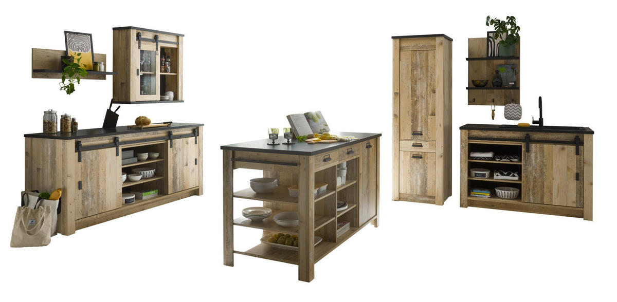 KÜCHEN-SET Used Wood hell, anthrazit, Küchenschrank Set 7-teilig mit Kochinsel - Anthrazit/Schwarz, Glas/Holzwerkstoff (201/201/64cm) - Furn.Design