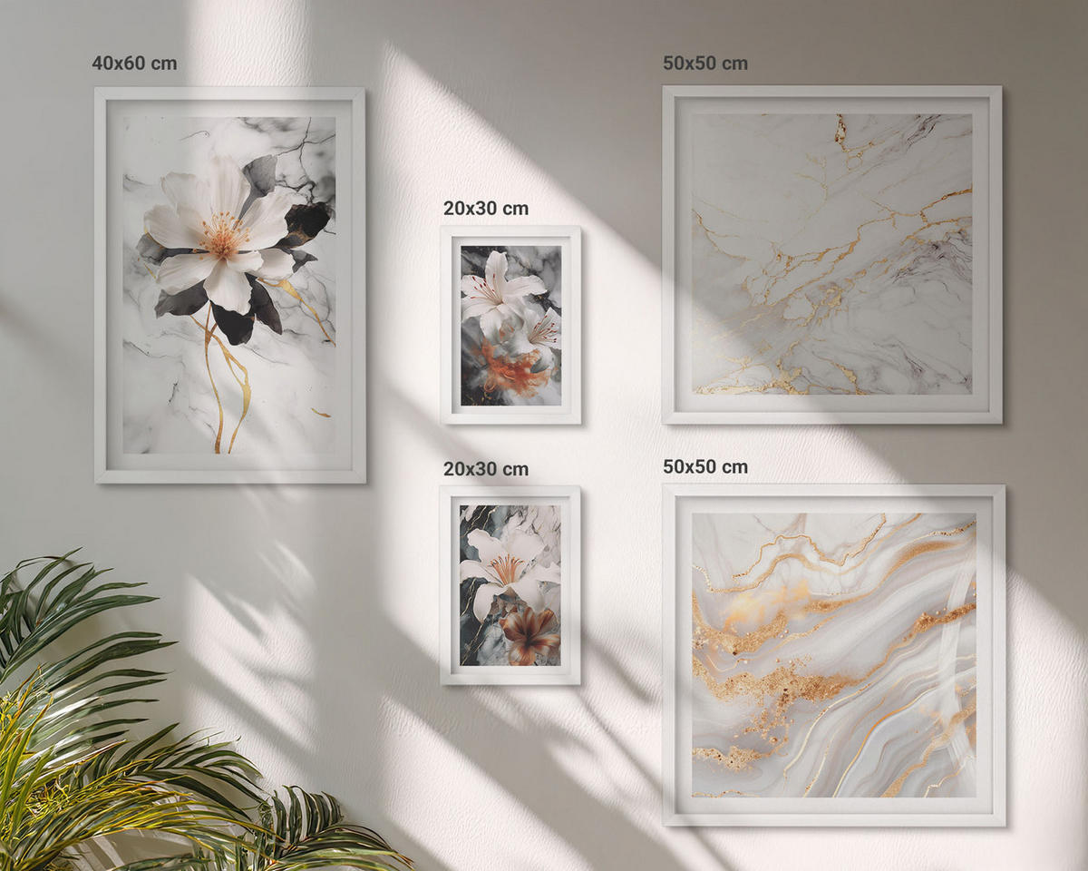 WANDBILDER 5er-Set - 50x50 cm & 20x30 cm & 40x60 cm Weißer Rahmen - Bilder mit blau-goldenen Mustern - Weiß, Kunststoff (40/60cm) - ArtPrintCave