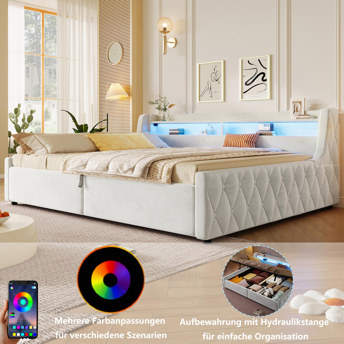 POLSTERBETT 140/200 cm in Off White mit Bettkasten und LED - Weiß, Holzwerkstoff/Textil (140/200cm) - CHICFURN