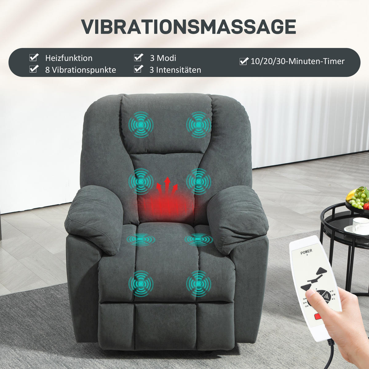ELEKTRISCH Relaxsessel Fernsehsessel mit Liegefunktion Wärmefunktion Fußteil - Dunkelgrau, Textil (88/101/97cm) - HOMCOM