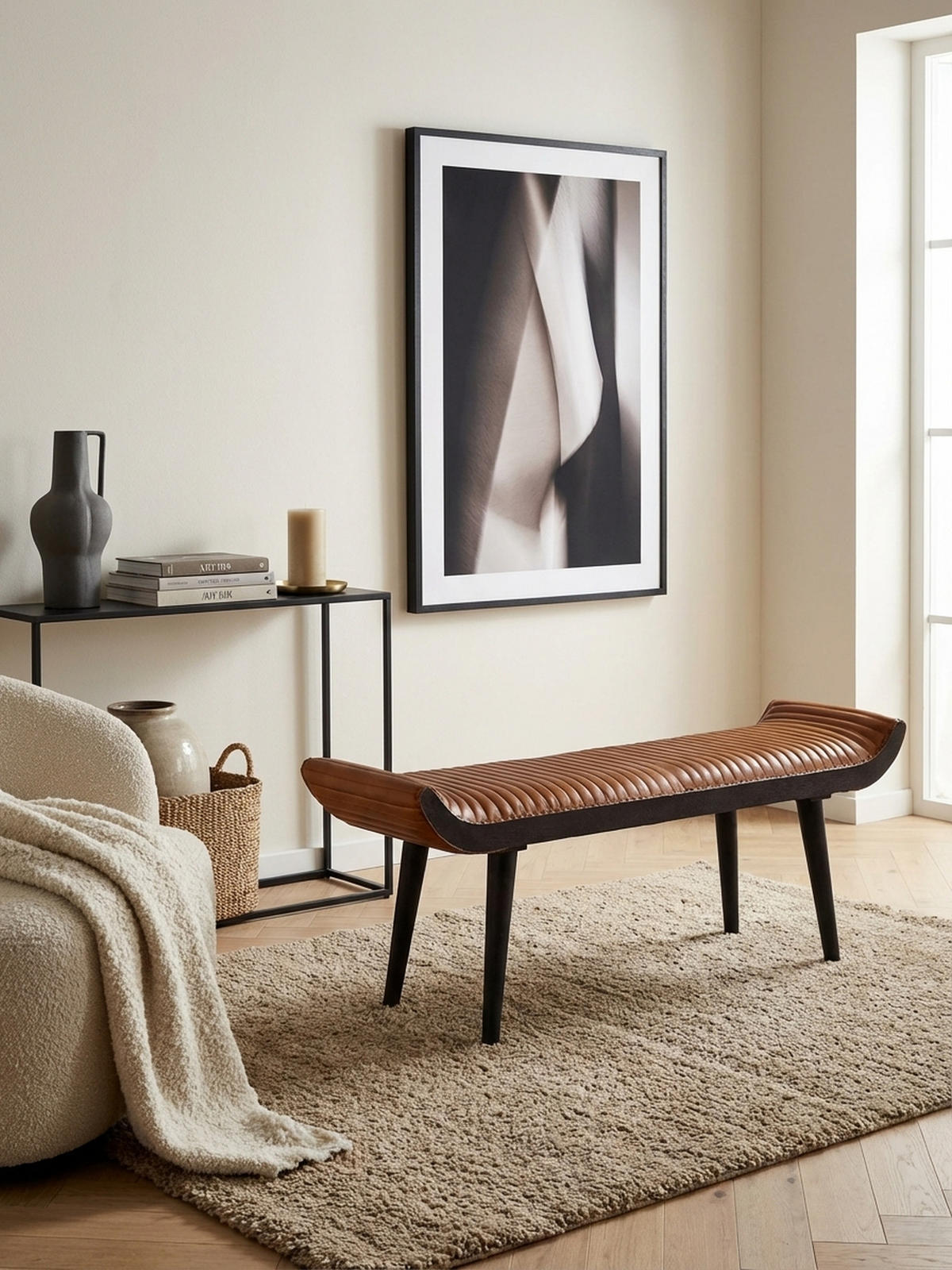 SITZBANK – Echtleder, 125x51x38 cm, Nietenrand, Massivholzbeine - Schwarz/Braun, Mangoholz/Leder (125/51/38cm) - KADIMA DESIGN