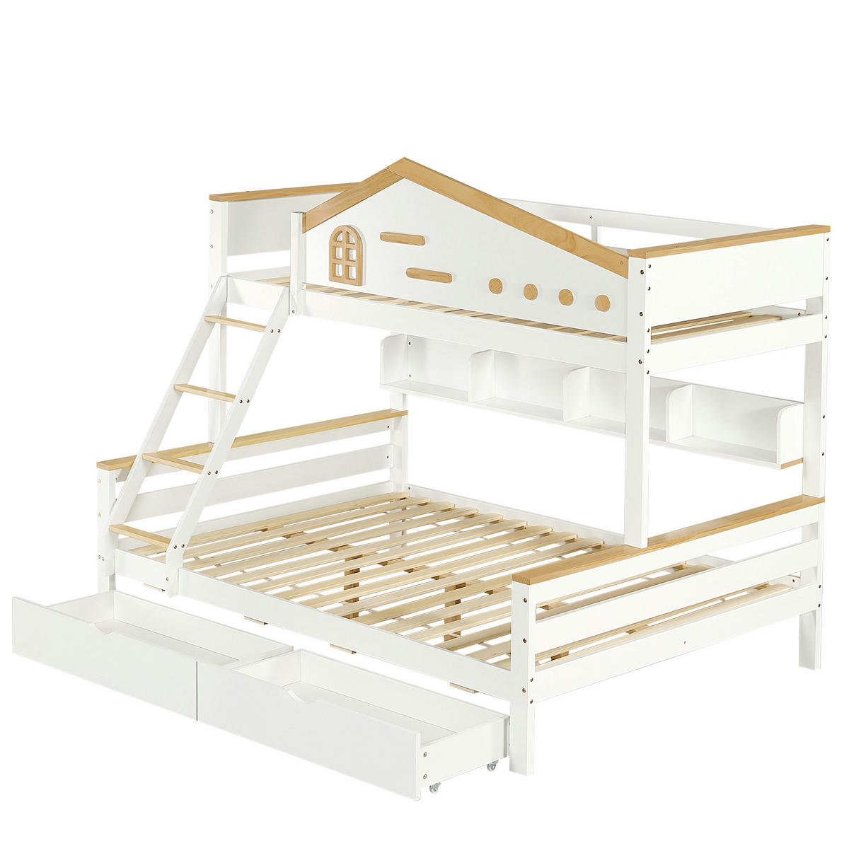 ETAGENBETT 90/200 & 140/200 cm aus Kiefer und MDF mit Regalen, 2 Schubladen und Schrägleiter, Weiß/Natur - Weiß, Holzwerkstoff (90/200cm) - Redom