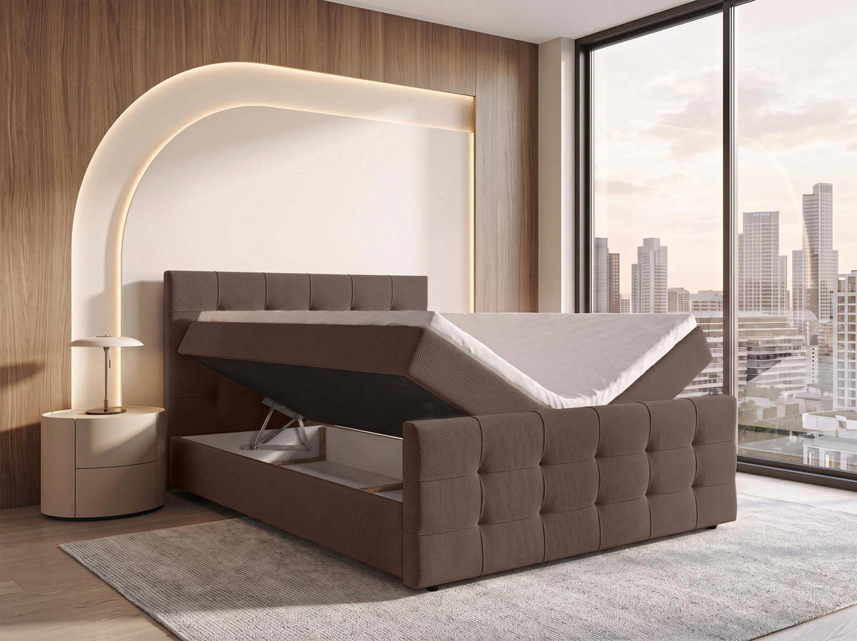 BOXBETT DEFNE 160x200 cm mit Fußteil und Matratze - Braun + TOPPER - Schwarz/Braun, Holz/Holzwerkstoff (160/200cm) - AX Living