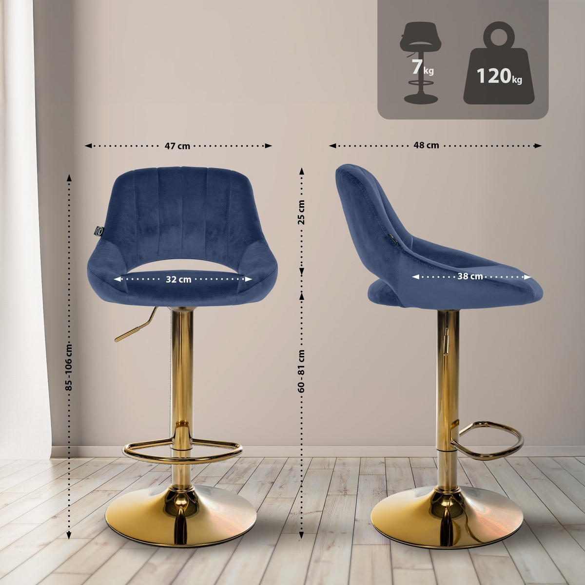 BARHOCKER Milet Samtbezug 85x47x48 cm blau - Blau, Textil (47/85/48cm) - furnicato