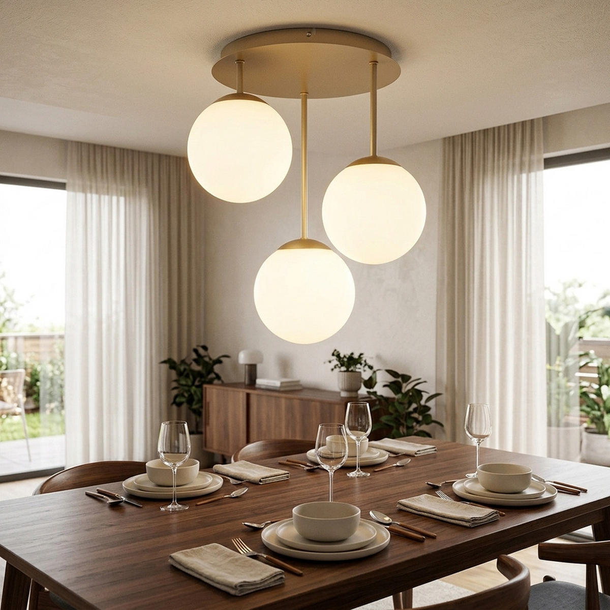 DECKENLEUCHTE HARMON Metall Champagner matt Glas opal 3x E14 - Champagner, Glas (34/32.5/40cm) - Globo Lighting