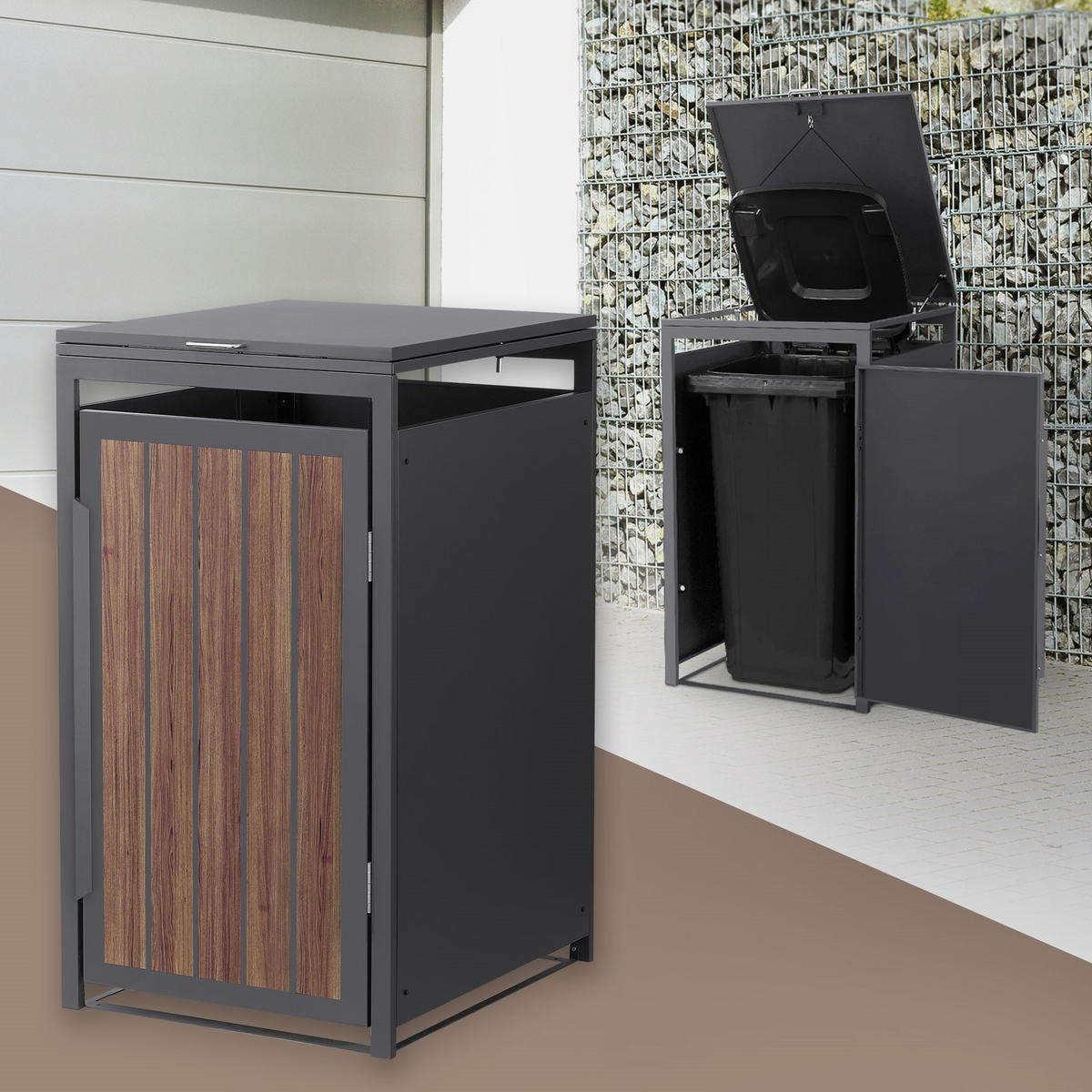 MÜLLTONNENBOX 1er 240L 68x80x120 cm Anthrazit-Eiche dunkel aus Stahl - Dunkelbraun, Metall (80/120/68cm) - ML-DESIGN