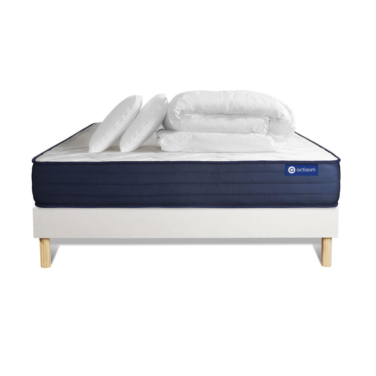 BETT Actiflex life Taschenfederkern und Memory-Schaum 200 x 200 cm h4 - Kit Bettgestell Weiß - Mit Kissen und Bettdecke - Beige/Weiß, Karton/Holz (200/200cm) - ACTISOM