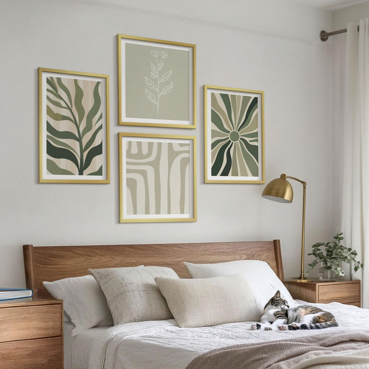 BILDER SET 4er Set - 50x50 cm & 40x60 cm Goldrahmen - Pflanzenmuster grüner Minimalismus - Goldfarben, Kunststoff (50/50cm) - TULUP