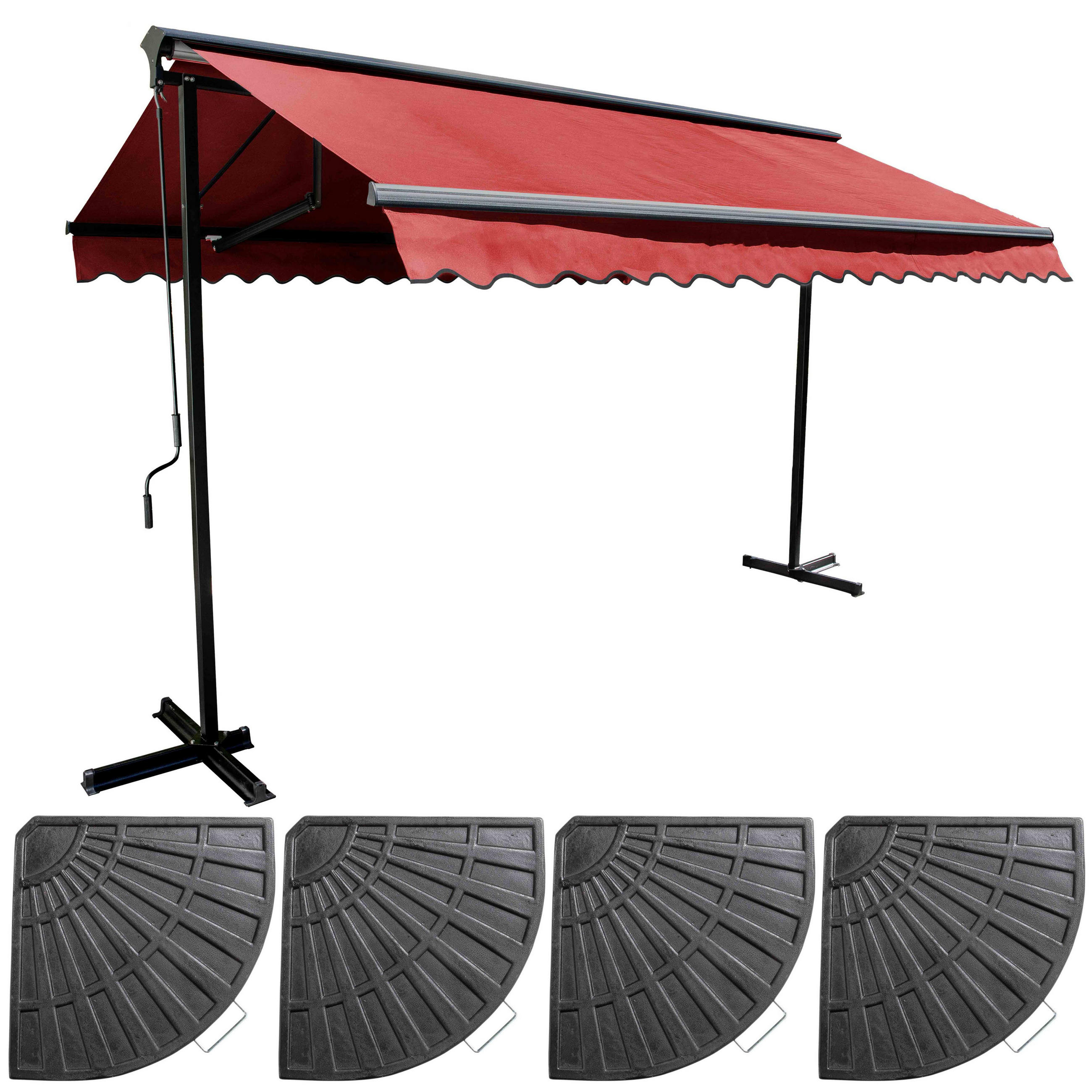 DOPPELSCHRÄGMARKISE 3x3m mit 4 Gewichtsplatten, Rot - Rot, Metall (300/250/300cm) - Oviala