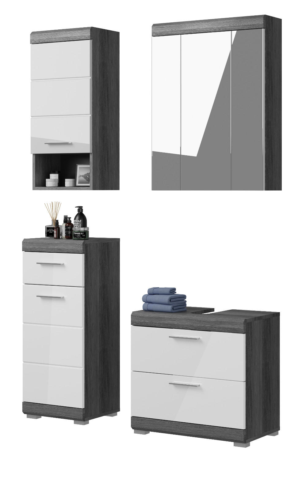 BADMÖBEL-SET weiß Hochglanz, grau 4-teilig 112 cm, Komplettset mit 14 Fächern - Weiß Hochglanz/Grau, Holzwerkstoff (112/191/34cm) - Inn.Furn