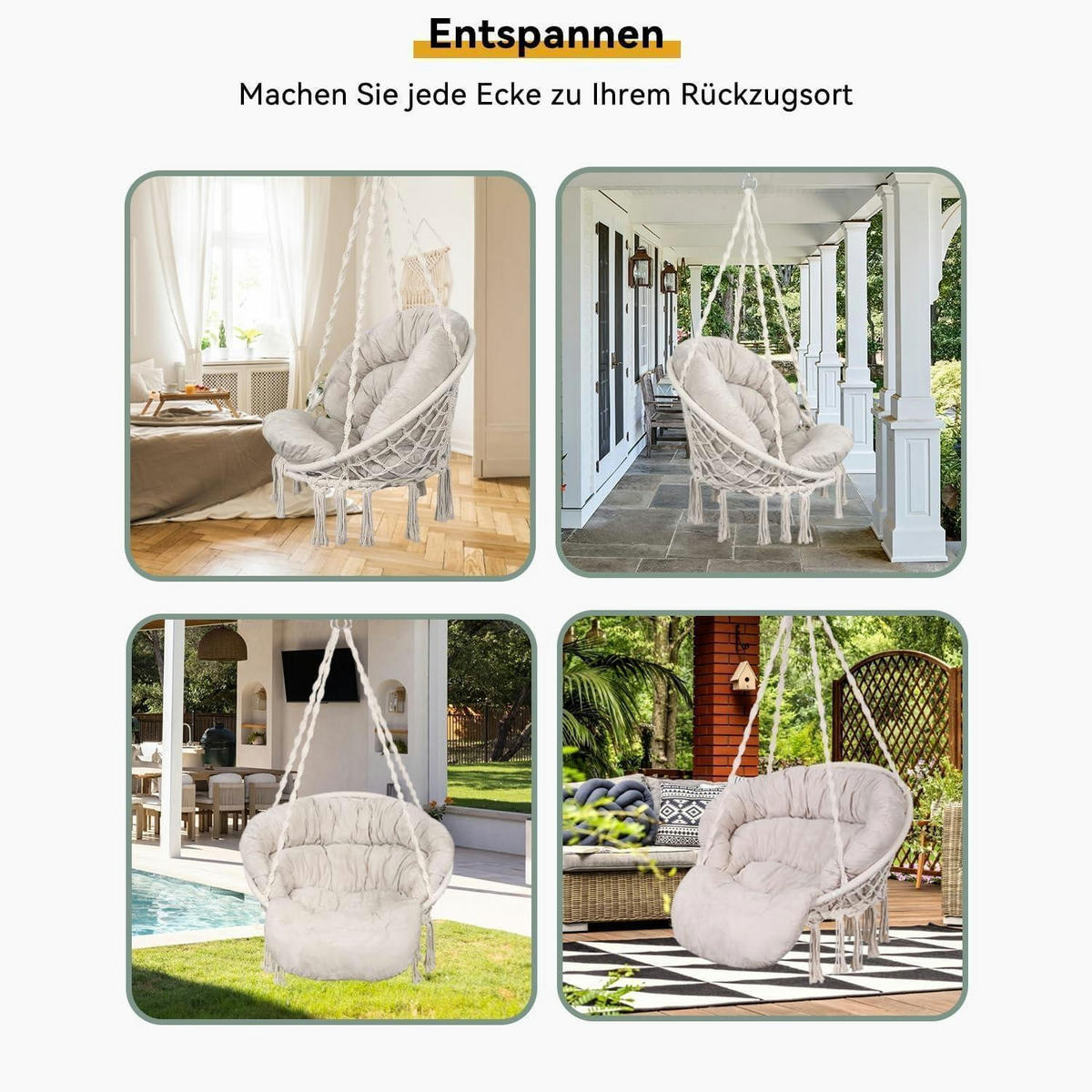 HÄNGESESSEL Makramee Beige mit Kissen bis 150 kg - Beige, Textil (80/1.5/140cm)