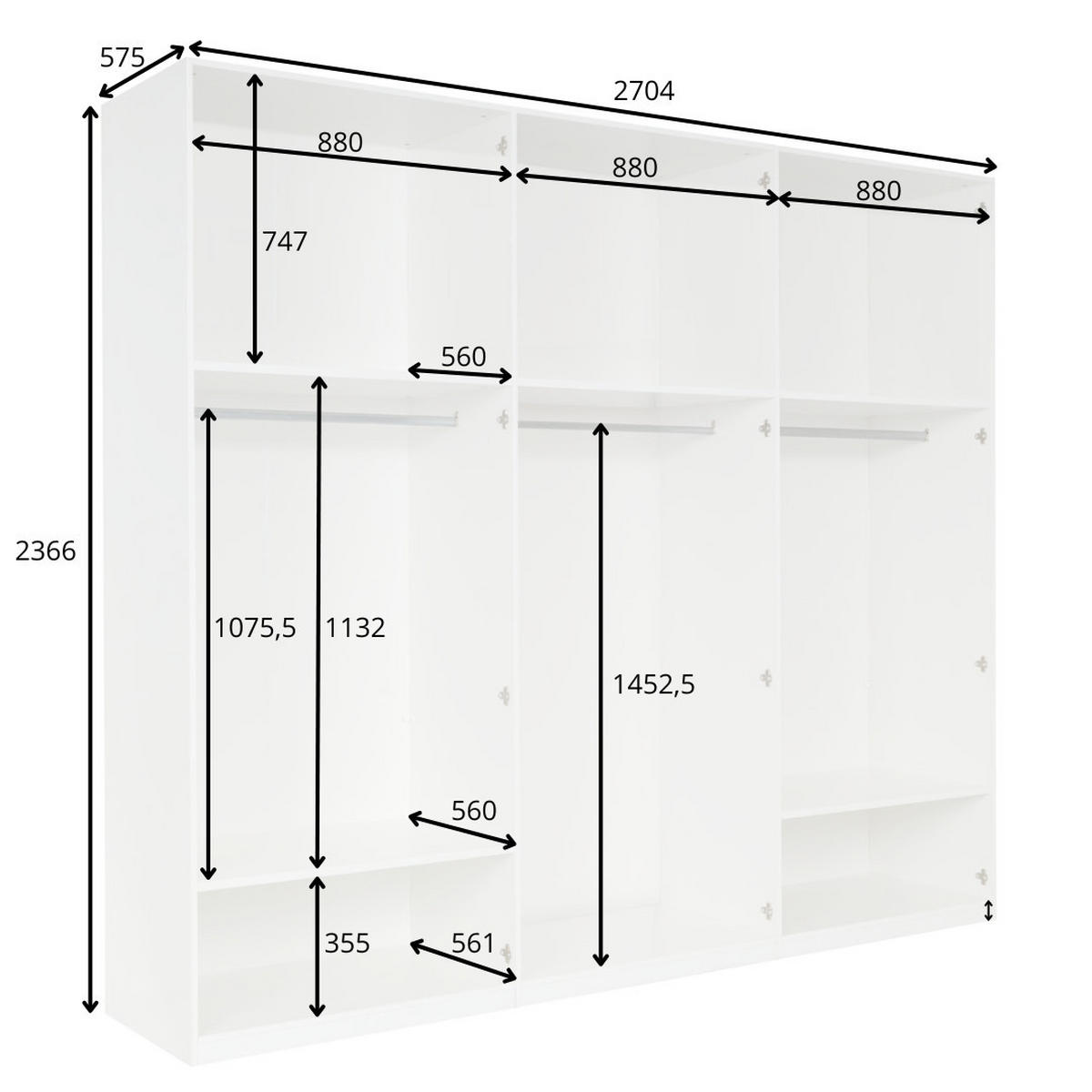 KLEIDERSCHRANK ITAVIA 29 - 270,4×236,6×57,5 cm 6 Türen mit Kleiderstange Alpinweiß - Weiß, Holz/Holzwerkstoff (270/236.6/57.5cm) - Milaros Markt