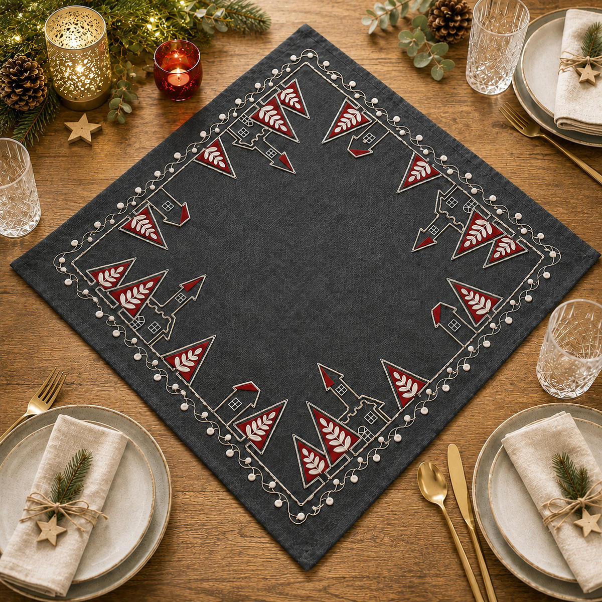 TISCHDECKE Weihnachten 85x85 cm Kirche - Rot/Grau, Textil (85/85cm) - TiborTex