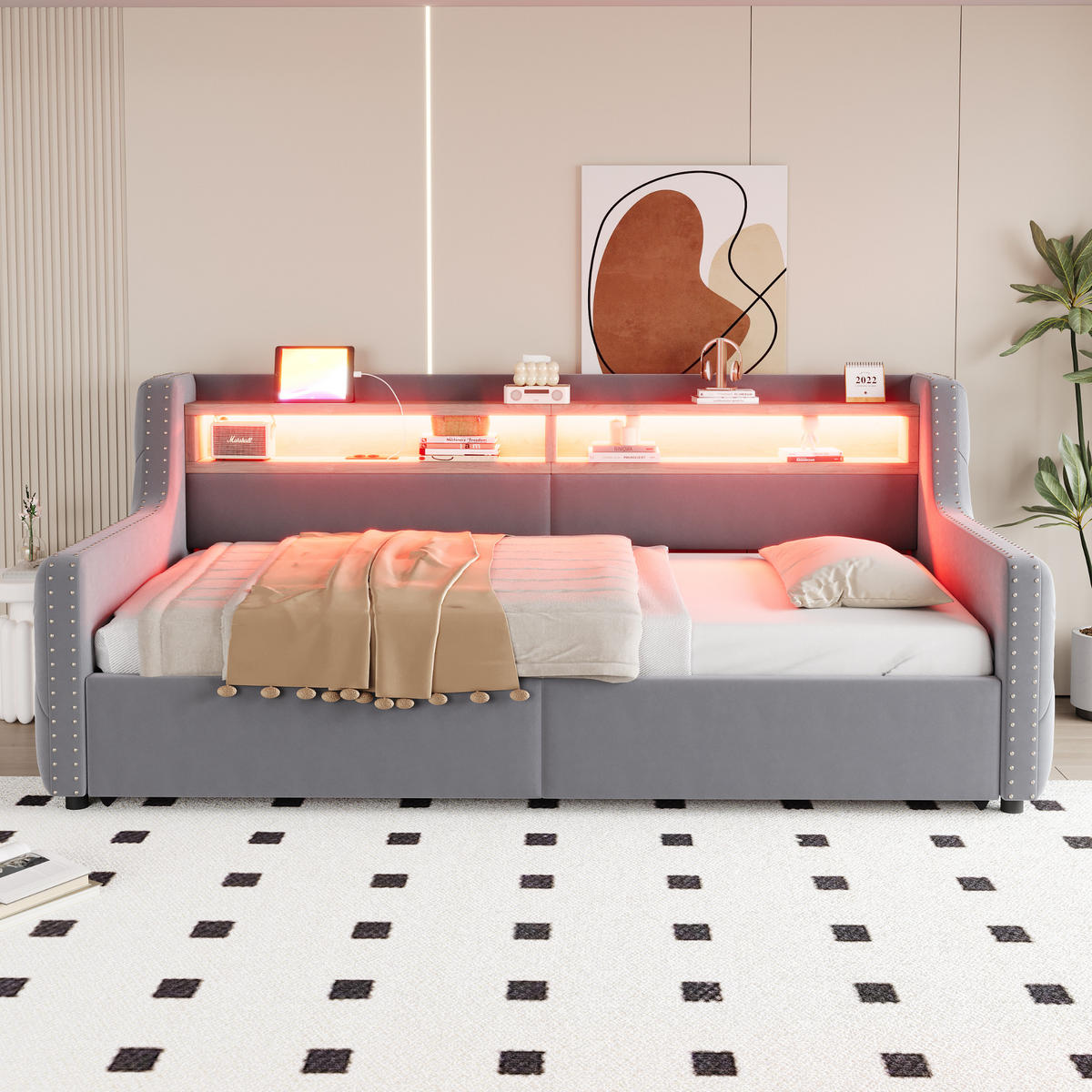 POLSTERBETT 90x200 cm LED USB Stauraum hellgrau - Hellgrau, Textil (90/200cm) - LEBENLANG