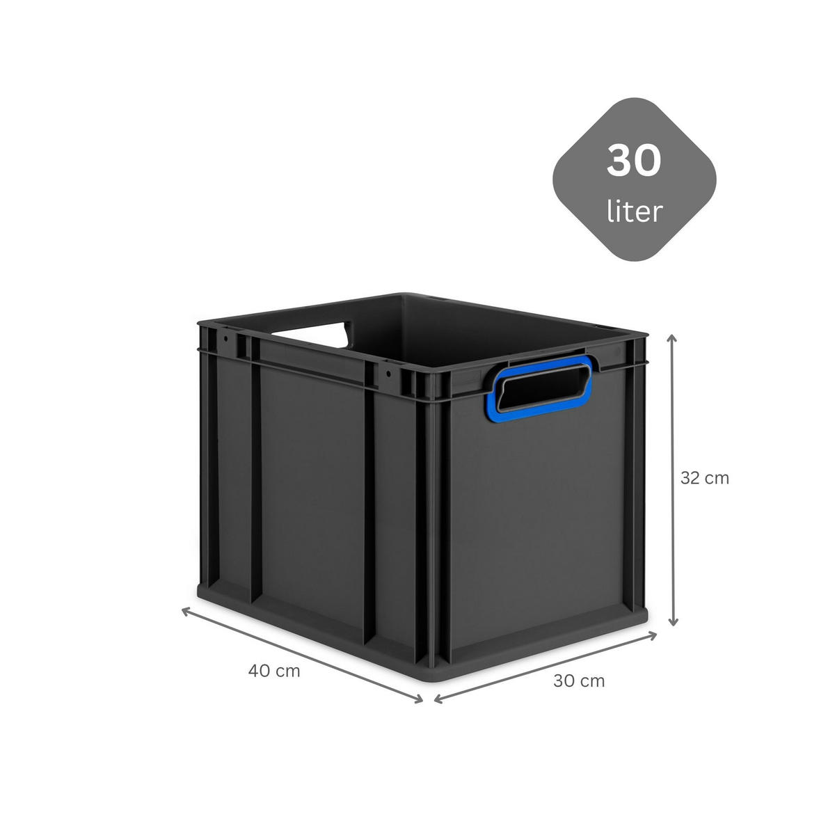 EUROBOX 4x NextGen Color mit Auflagedeckel 32x30x40 cm 30 Liter Schwarz Griffe blau offen - Blau/Schwarz, Kunststoff (30/32/40cm) - PROREGAL