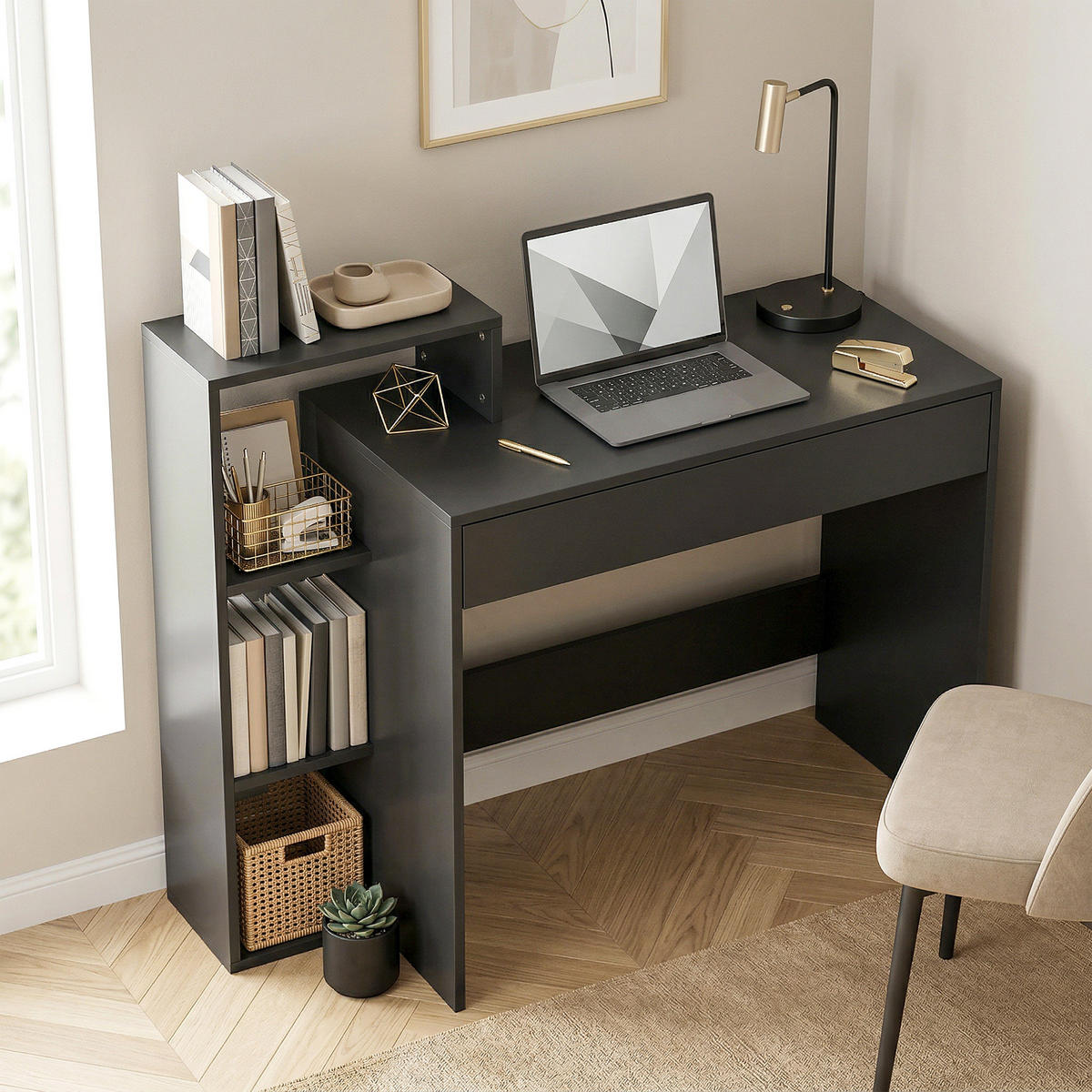 SCHREIBTISCH Schwarz mit Schublade und Ablagefächern 100/40/90 cm - Schwarz, Holzwerkstoff (40/100/90cm) - PANGIVO