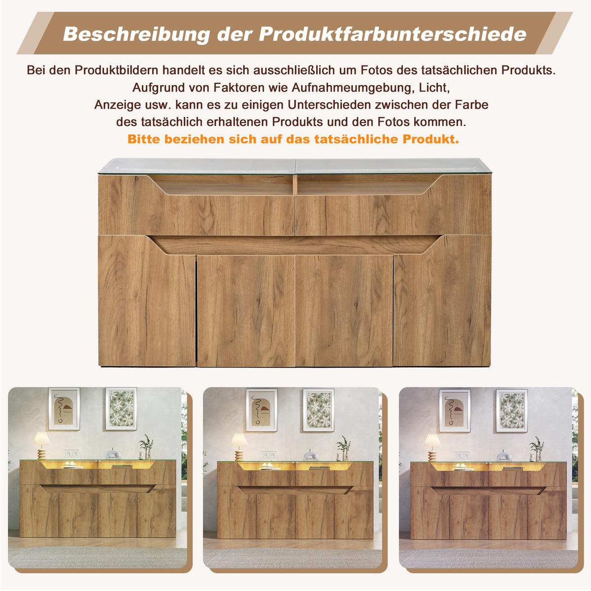 SIDEBOARD in Holzoptik Aufbewahrungsschrank mit 2 Schubladen und gehärteter Glasplatte, 140/40/70cm,für Esszimmer & Wohnzimmer - Naturfarben, Glas/Holzwerkstoff (140/70/40cm) - STILVORA