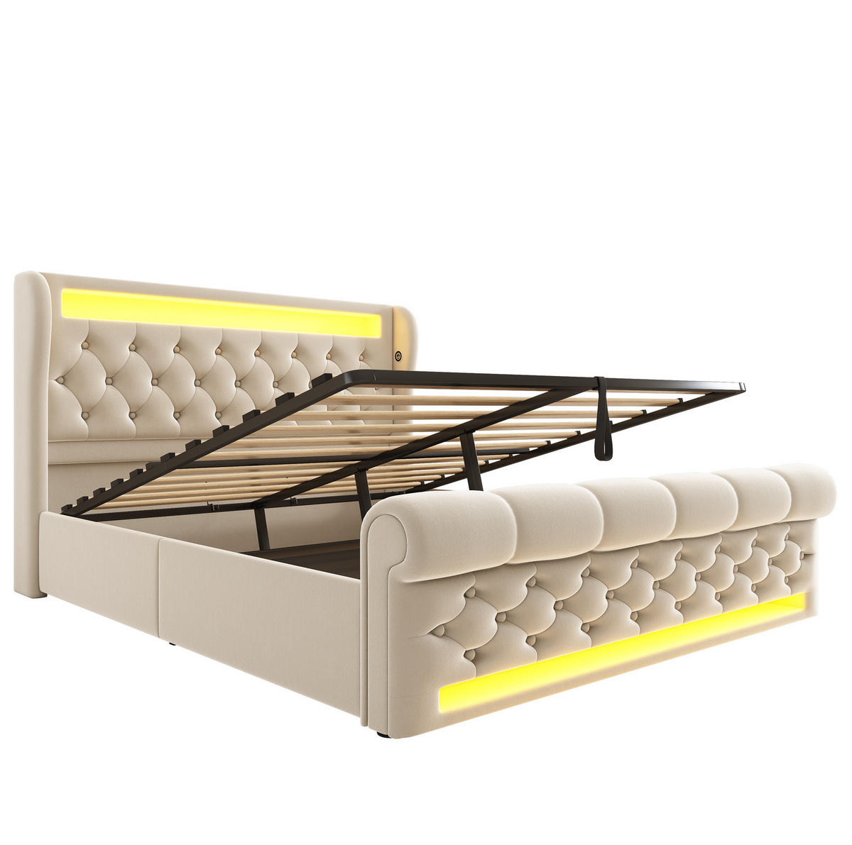 ČALOUNĚNÁ postel 140/190 cm béžová ze sametu, dřeva a kovu s LED osvětlením, USB a úložným prostorem - béžová, textil (140/190cm) - OKWISH
