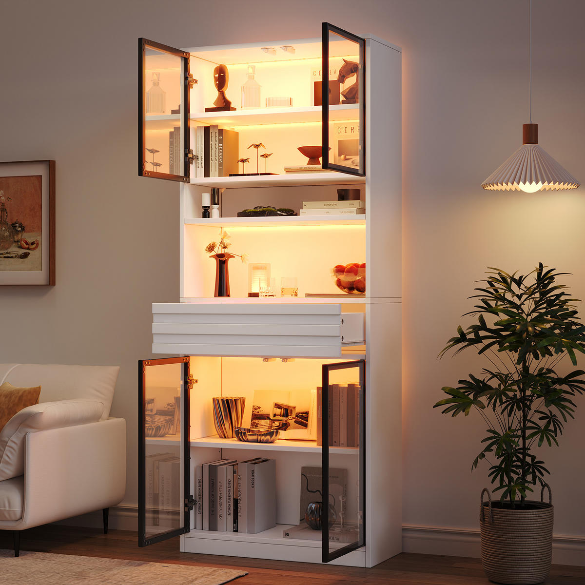 VITRINE 80x35x200 cm Weiß mit RGB LED und 4 Glastüren - Weiß, Holzwerkstoff (80/200/35cm) - FLIEKS