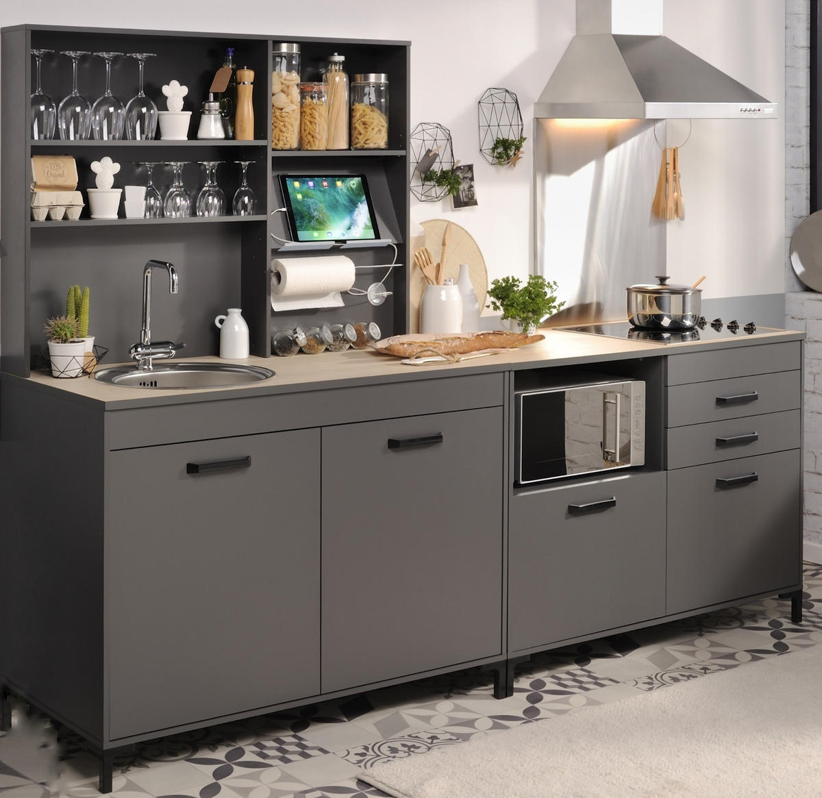KÜCHE Set 3-tlg. grau Küchenzeile mit Regal, Breite 238 cm - Multicolor/Schwarz, Holzwerkstoff/Kunststoff (238/189/60cm) - Parisot Meuble