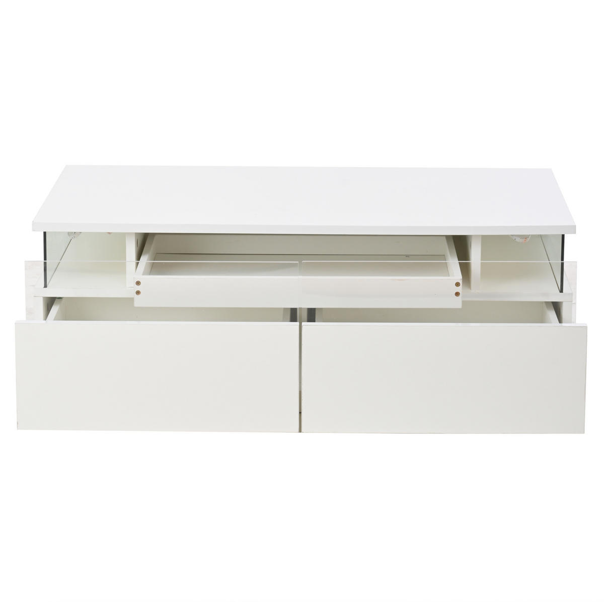 COUCHTISCH 90/45/35,5 cm mit LED-Beleuchtung, herausnehmbarem Tablett und 2 Schubladen, Hochglanz mit Hartglas, Weiß - Weiß, Holzwerkstoff (90/45/35.5cm) - Redom