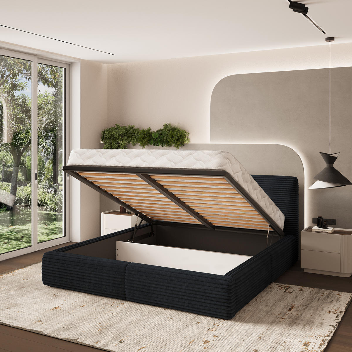 POLSTERBETT FELURO 160x200 cm mit Bettkästen - Schwarz - Schwarz, Holz (160/200cm) - MASSENO