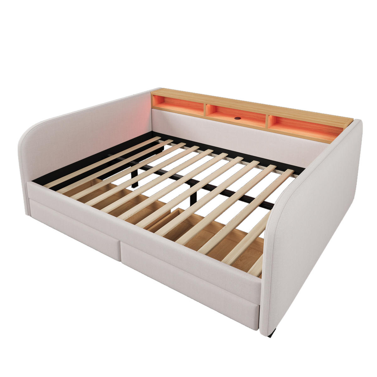 POLSTERBETT 140/190 cm mit LED-Beleuchtung, USB-C, Stauraumkopfteil und 2 Schubladen, Hellbeige - Beige, Textil (140/190cm) - Redom