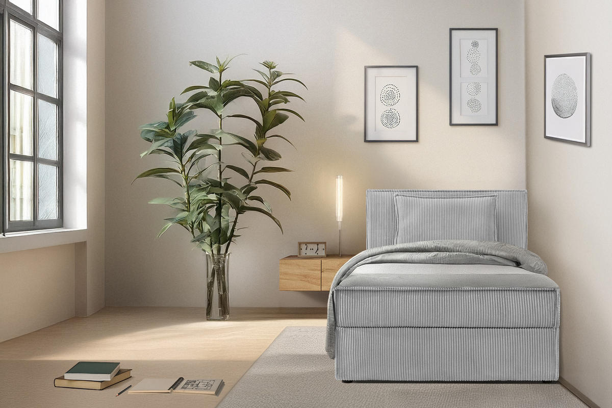 BOXSPRINGBETT ROTI Einzelbett, hellgrau - Hellgrau/Schwarz, Holz/Holzwerkstoff (100/200cm) - KONSIMO®