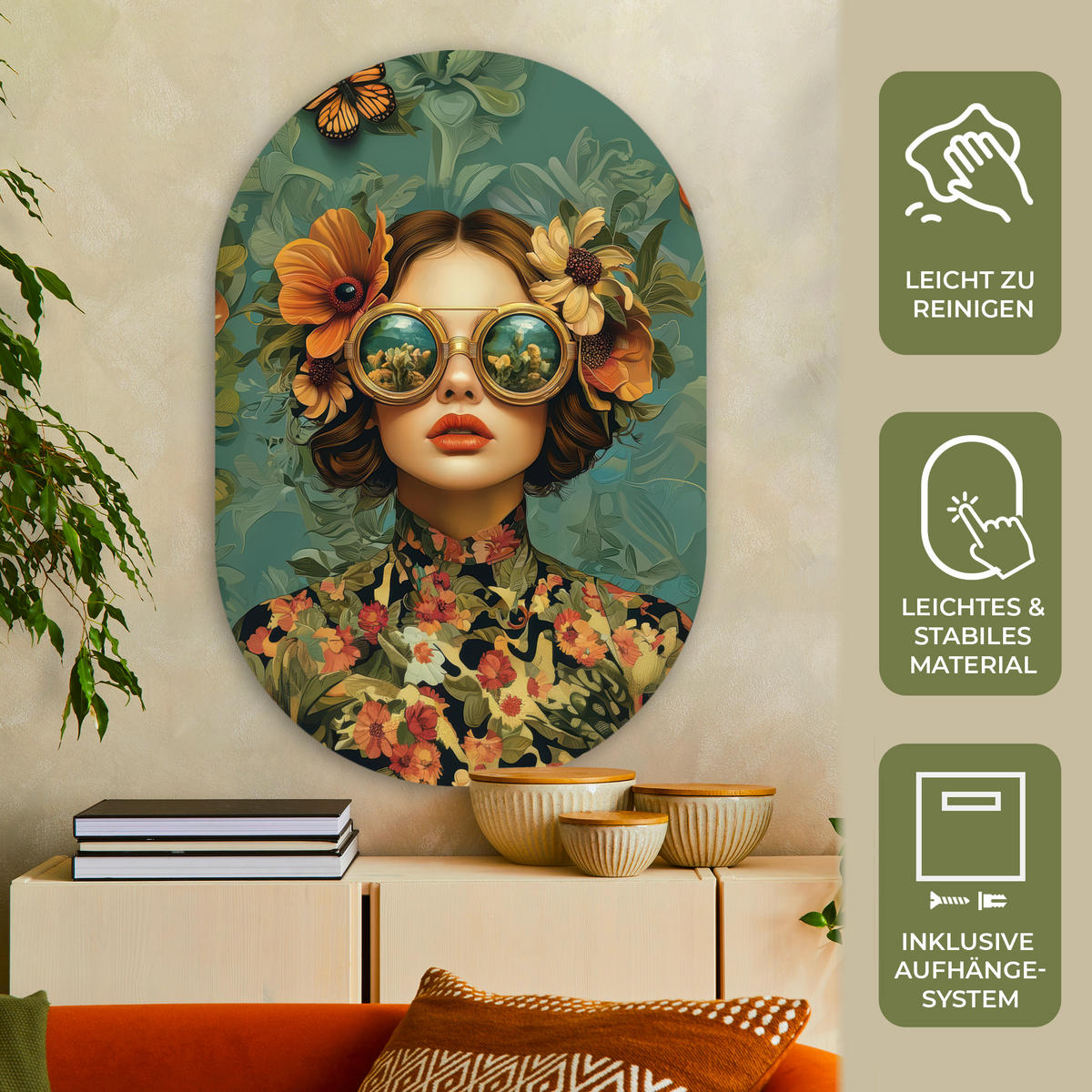 WANDBILD Frau - Blumen - Schmetterlinge - Natur - Vintage 80x120 cm - Petrol, Kunststoff (80/120cm) - MuchoWow