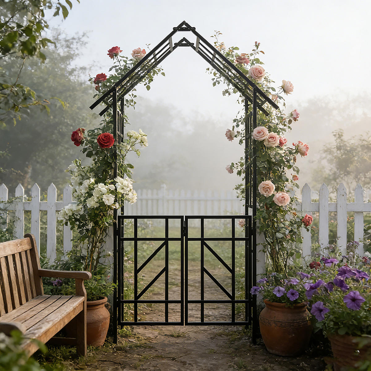 ROSENBOGEN Schwarz Eisen mit Tor 247x148 cm - Schwarz, Metall (148/247/43cm) - Relaxdays