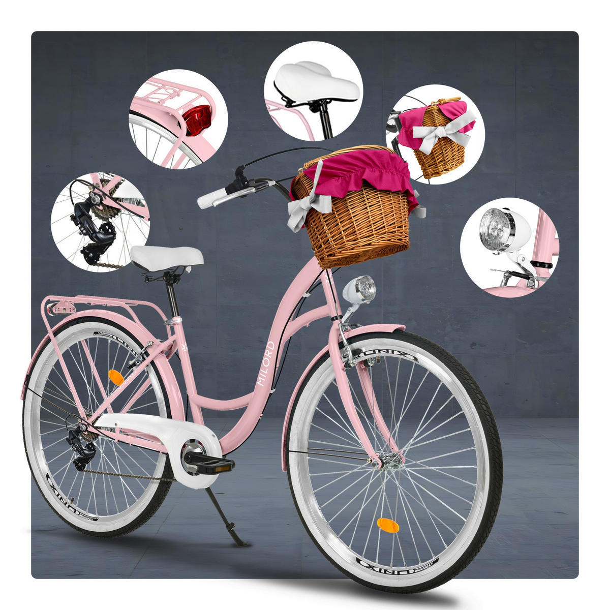 CITY-FAHRRAD Milord mit Weidenkorb, 28 Zoll, Rosa, 7-Gang - Pink, Metall (46cm) - Milordbikes