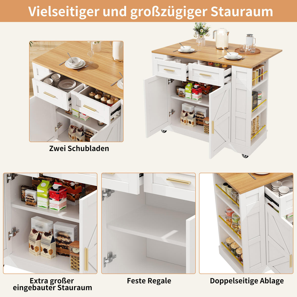 KÜCHENINSEL 120/65/90 cm Weiß mit Klappblatt, 2 Schubladen und Stauraum - Weiß, Holz/Holzwerkstoff (120/90/65cm) - Oxeza