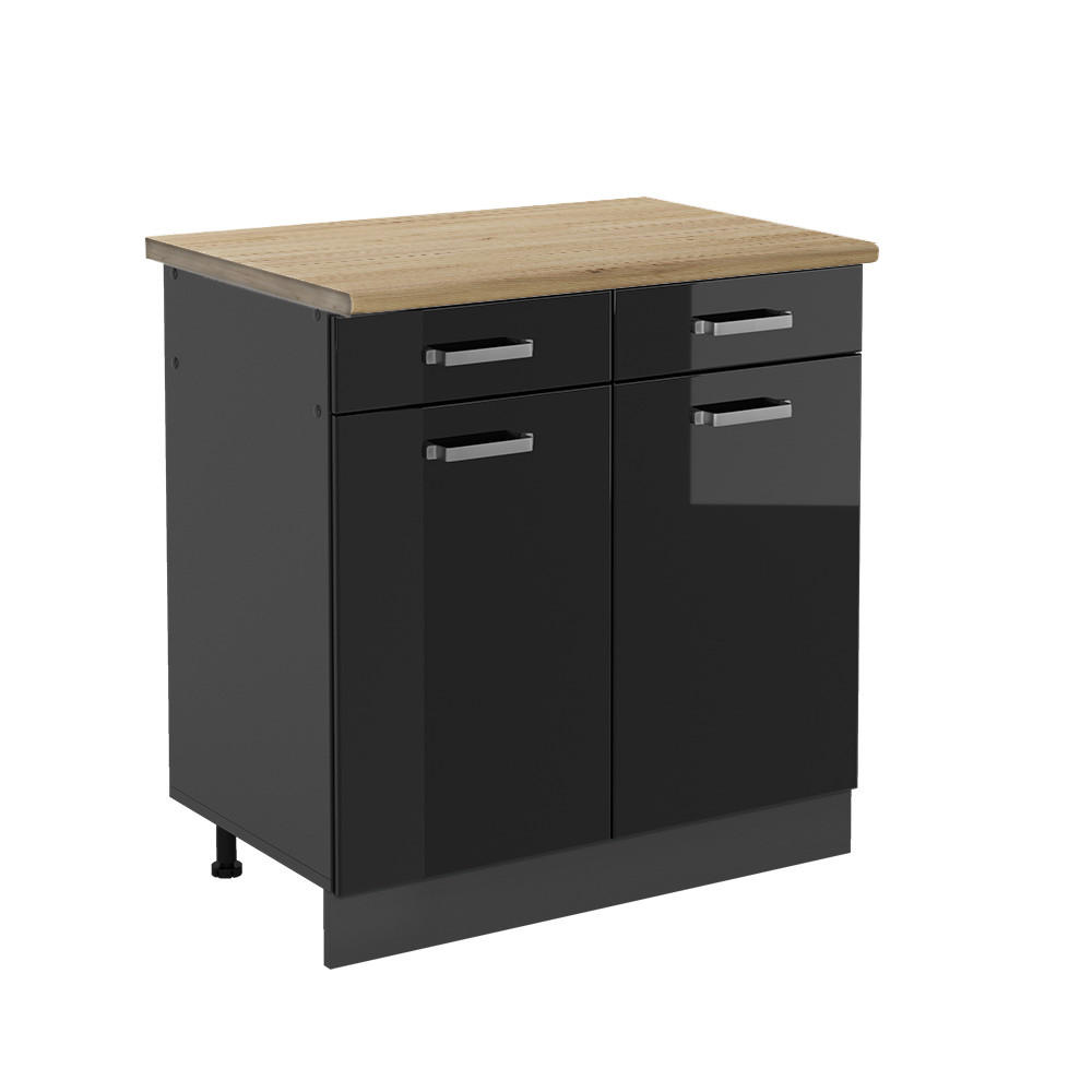 KÜCHENUNTERSCHRANK R-Line Schwarz Hochglanz 80 cm, AP Eiche - Schwarz Hochglanz/Anthrazit, Holzwerkstoff (80/81.6/60cm) - Vicco
