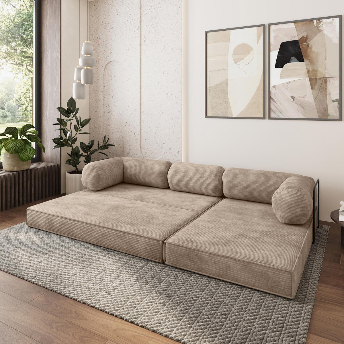 ROHOVÁ SEDAČKA ETERA modulární Boneless pohovka s funkcí spaní, béžová POSO 02 - béžová, textil (270/160cm) - MASSENO