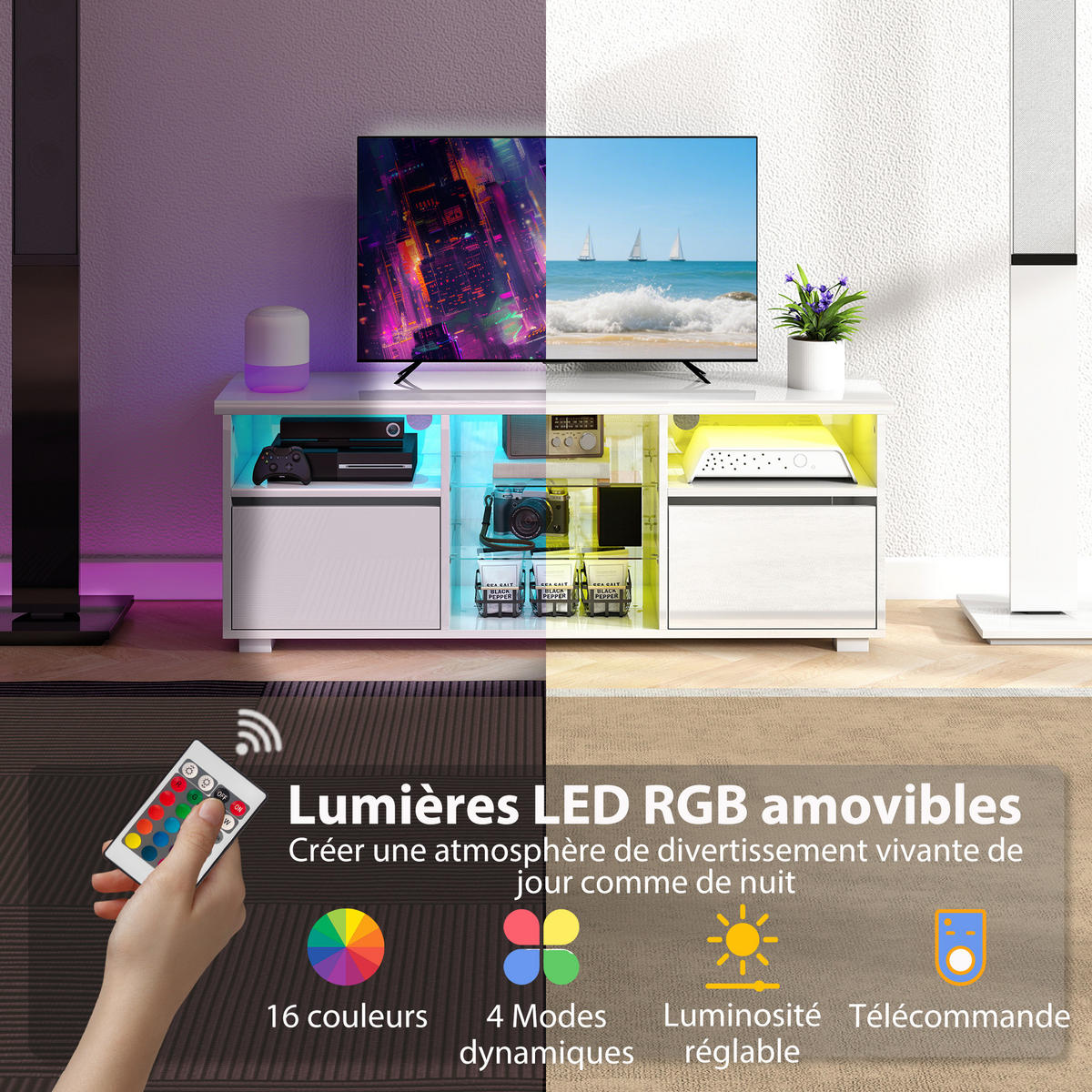 TV-LOWBOARD Weiß Hochglanz 120/34/45 cm, LED-Beleuchtung, Glasböden - Weiß Hochglanz, Holzwerkstoff (120/45/34cm) - PANGIVO