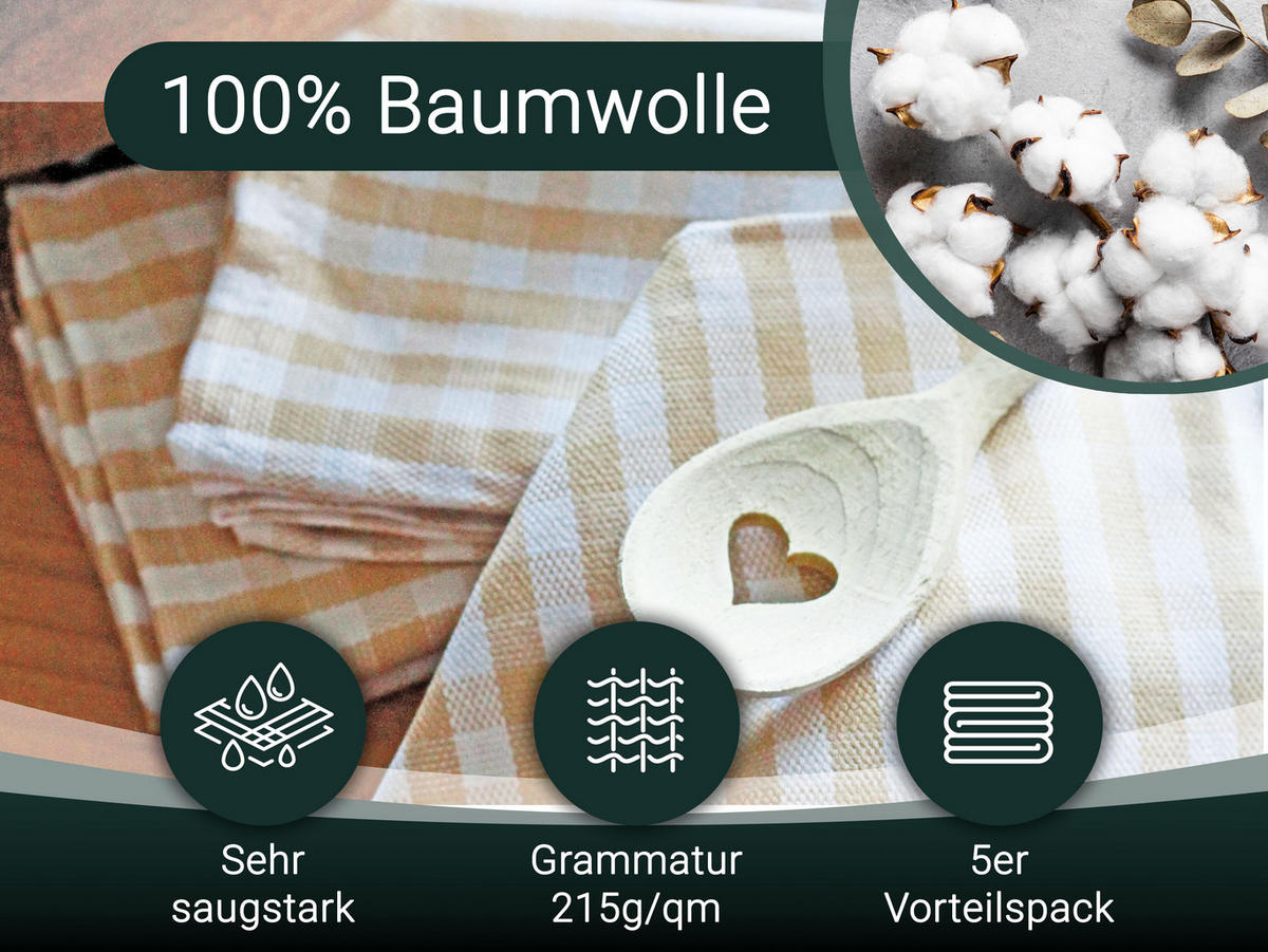 GESCHIRRTÜCHER, 5er-Set, 50x70 cm, 100% Baumwolle, Braun - Beige, Textil (50/70cm) - Zollner
