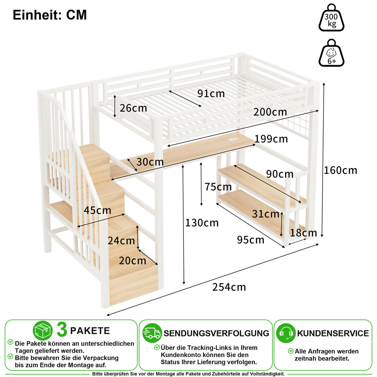 VYVÝŠENÁ POSTEL 90/200 cm v bílé barvě s LED osvětlením, stolem a USB - bílá, kov/kompozitní dřevo (90/200cm) - CHICFURN
