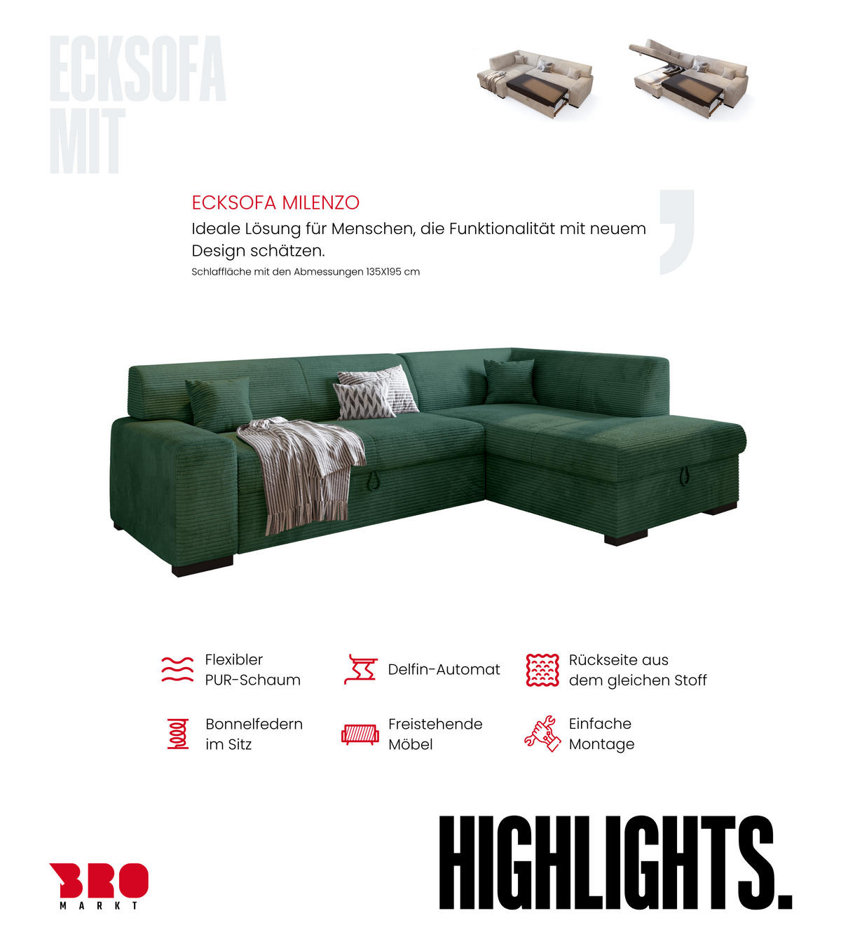 ECKSOFA mit Schlaffunktion Cordstoff MILENZO Dunkelgrün Rechts - Dunkelgrün, Holz (260/175cm) - Bromarkt