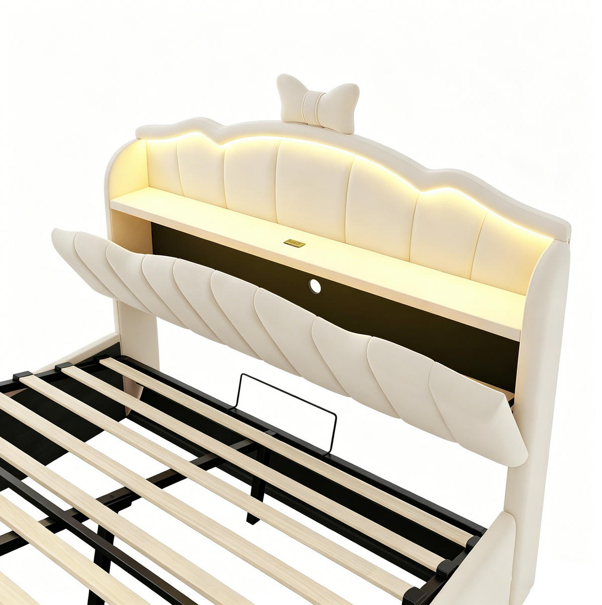 KINDERBETT 140x200 cm in Beige mit LED, USB-/USB-C-Anschlüssen und hydraulischem Stauraum - Beige, Textil (140/200cm) - IVMEU
