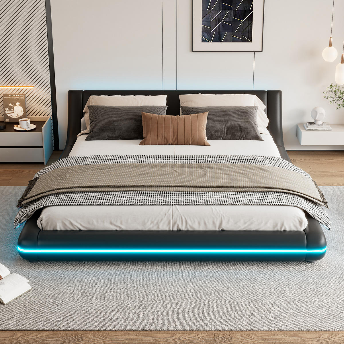 BODENBETT 160/200 cm Schwarz mit LED-Umgebungslicht aus PU - Schwarz, Kunststoff (160/200cm) - OKWISH