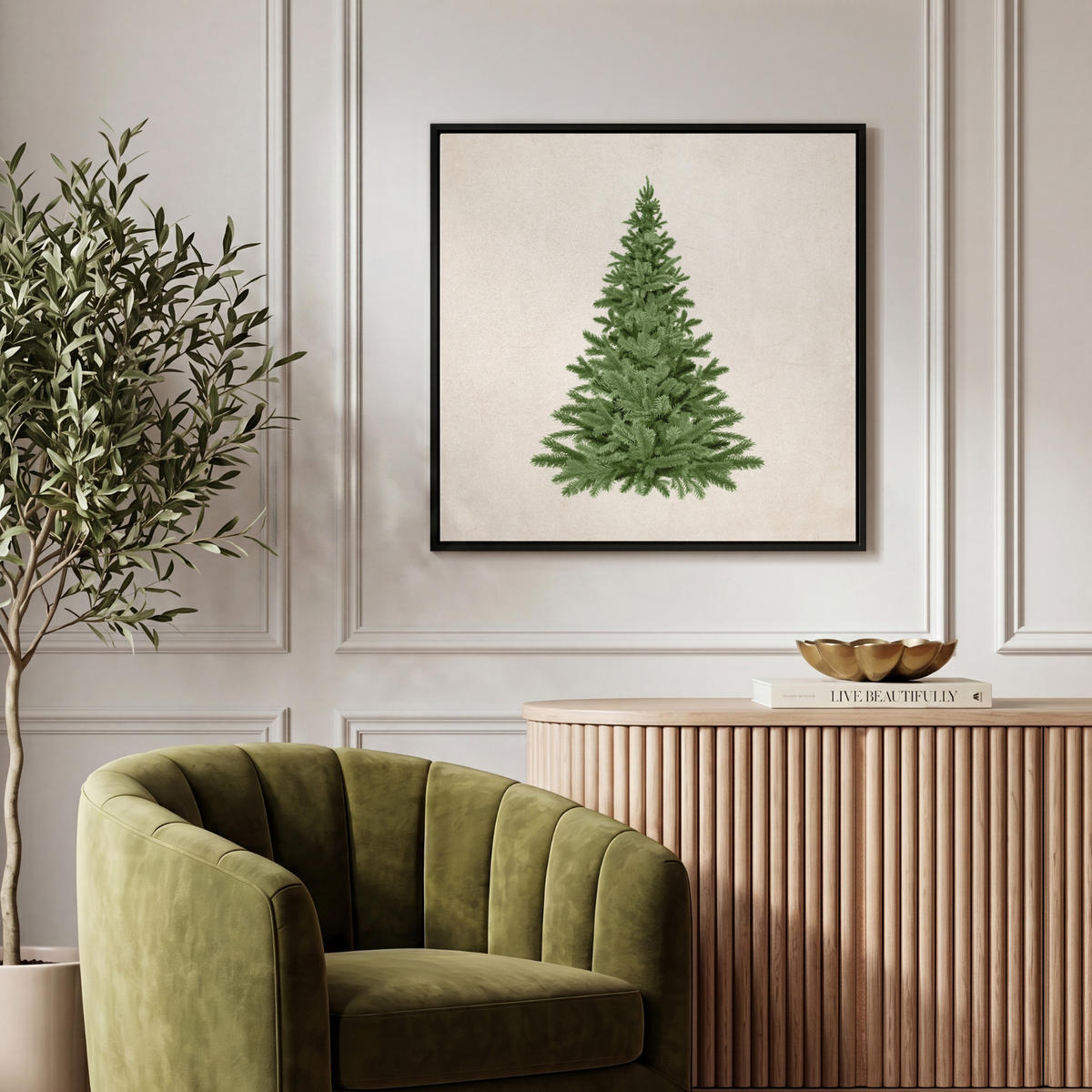 LEINWAND Bilder mit Rahmen - Weihnachtsbaum - Grün - Weihnachten - Feiertage - 50x50 - Olivgrün, Textil (50/50cm) - MuchoWow