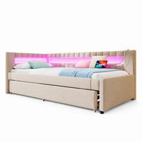 POLSTERBETT 90/200 mit Ausziehbett, LED und USB-C in Beige - Beige, Holzwerkstoff/Textil (90/200cm) - EVRYAE