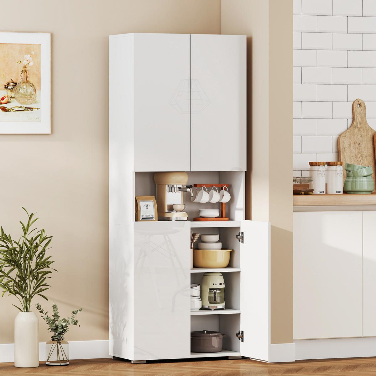 KÜCHENSCHRANK aus MDF 68/34/180 cm Hochglanzweiß - Weiß Hochglanz/Weiß, Holzwerkstoff (34/180/68cm) - HOMCOM