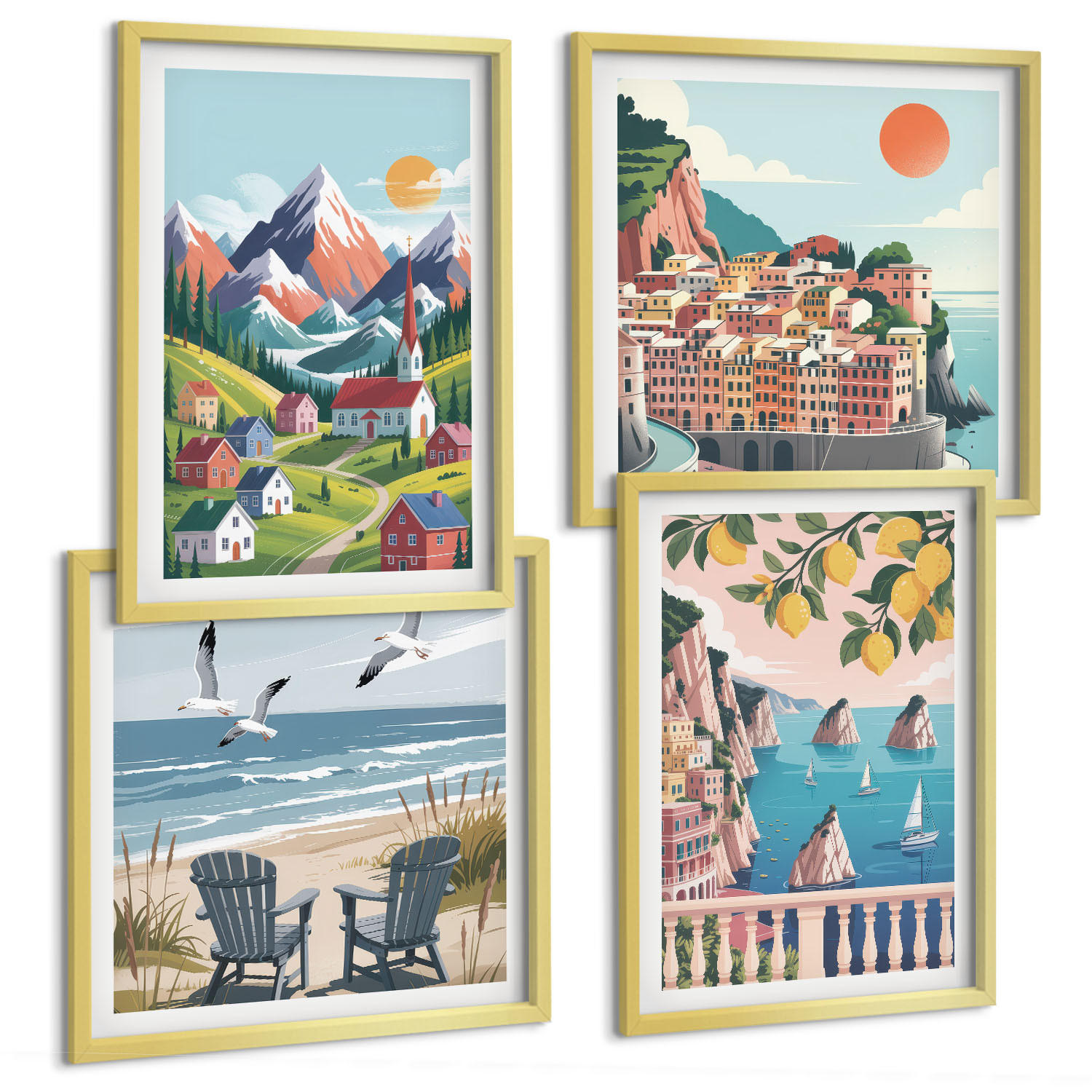 BILDER SET 4er Set - 50x50 cm & 40x60 cm Goldrahmen - Farbenfrohe Berge und Küstenstädte - Goldfarben, Kunststoff (50/50cm) - TULUP
