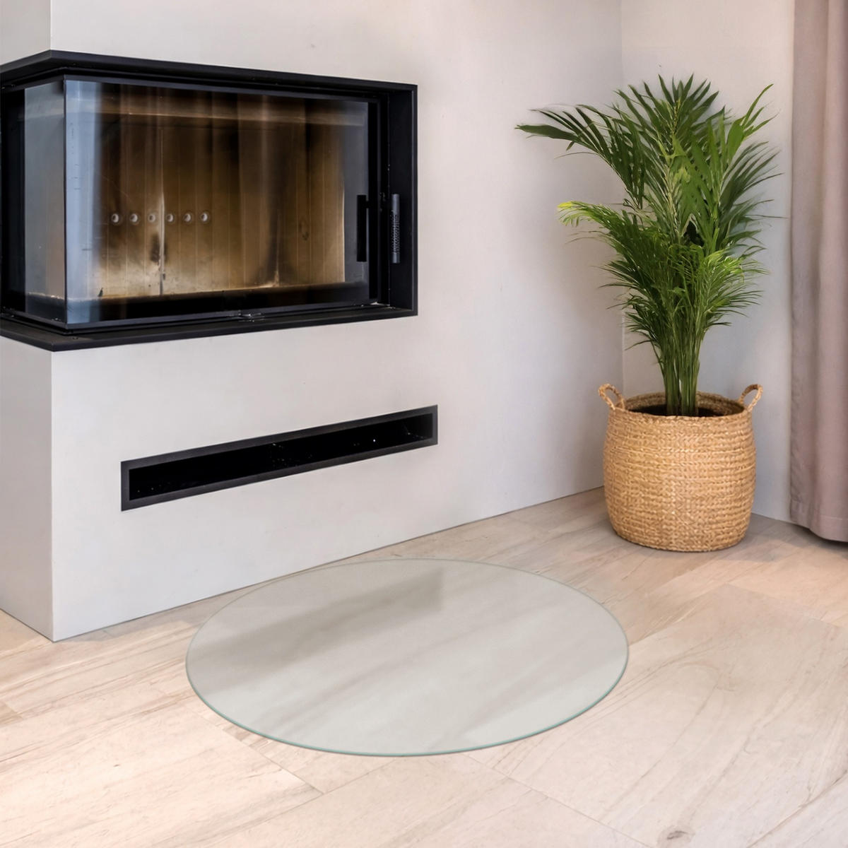 SKLENĚNÁ PODLOŽKA pod kamna Ø90 cm – mléčné sklo - průhledná, sklo (90/100/0.4cm) - TULUP