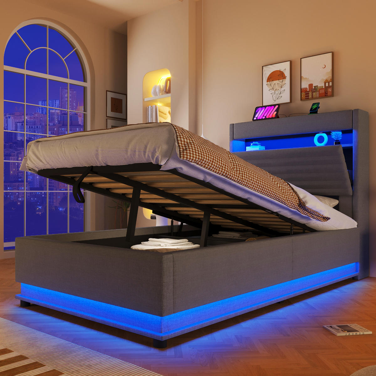 POLSTERBETT mit Stauraum 90x200 cm LED USB Leinen Grau - Grau, Metall (90/200cm) - Meubliv