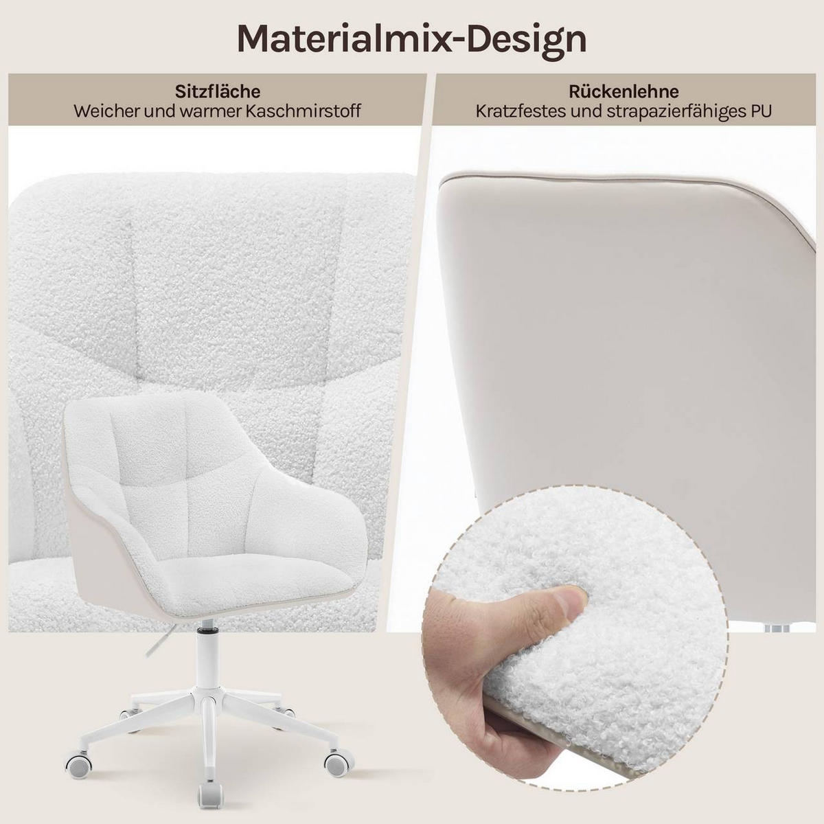 DREHSTUHL höhenverstellbar, Bouclé-Sitz, Creme+Beige - Beige/Creme, Kunststoff/Textil (61/81/56cm) - Woltu