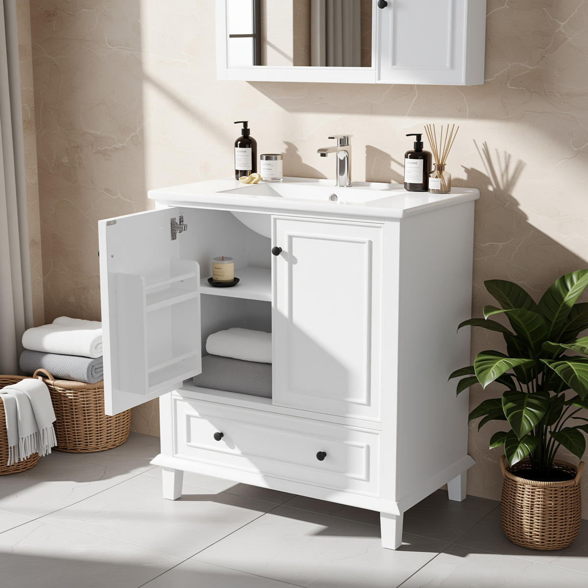 WASCHTISCHKOMBI Weiß mit Keramikbecken & Massivholzbeinen - Weiß, Keramik/Holzwerkstoff (76/87/46cm) - Urban Meuble